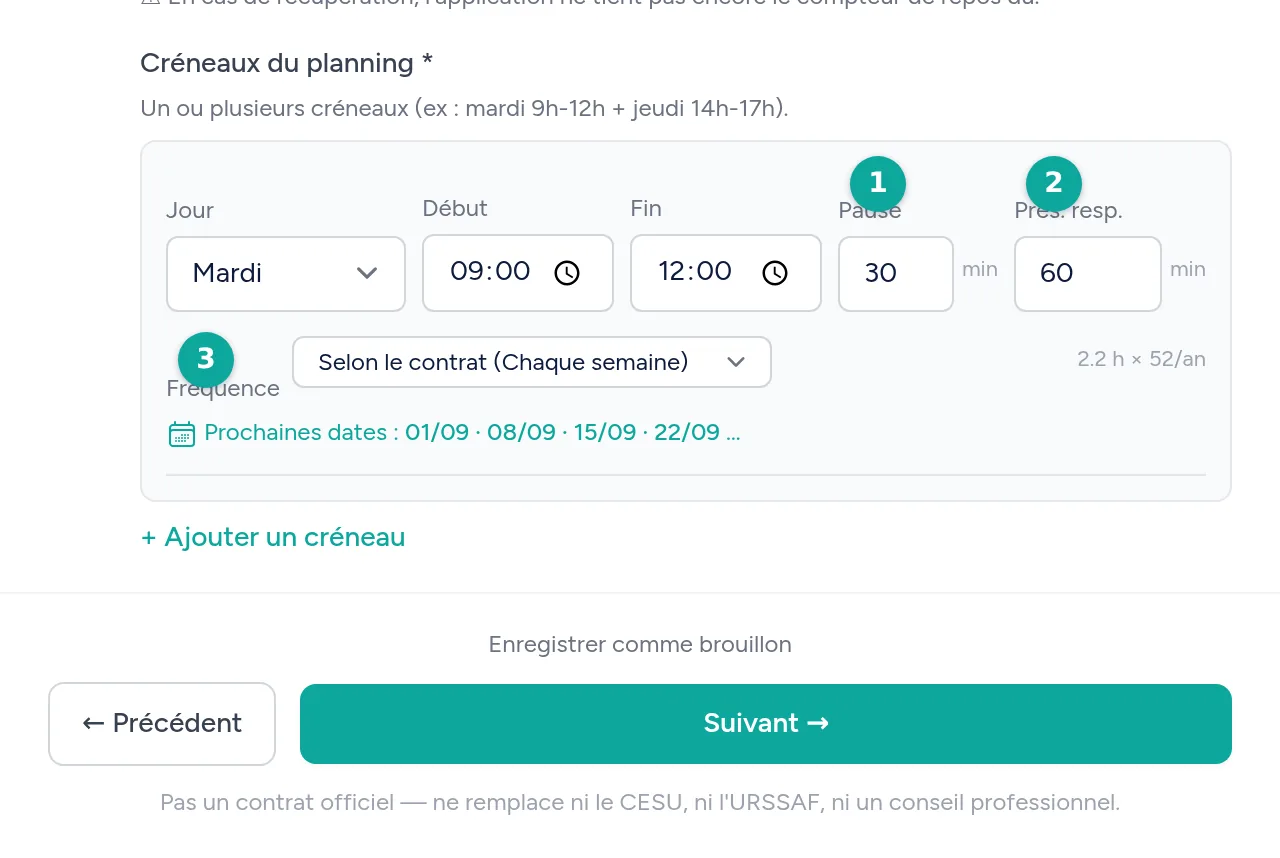 Détail d'un créneau : jour, heure de début et de fin, pause en minutes, présence responsable en minutes, fréquence propre au créneau et prochaines dates générées.
