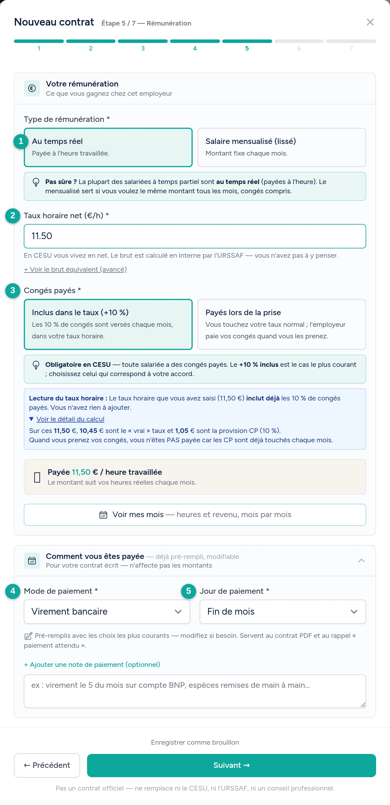 Étape 5 « Rémunération » : type (temps réel ou mensualisé), taux horaire net, congés payés, mode et jour de paiement, numérotés de 1 à 5.