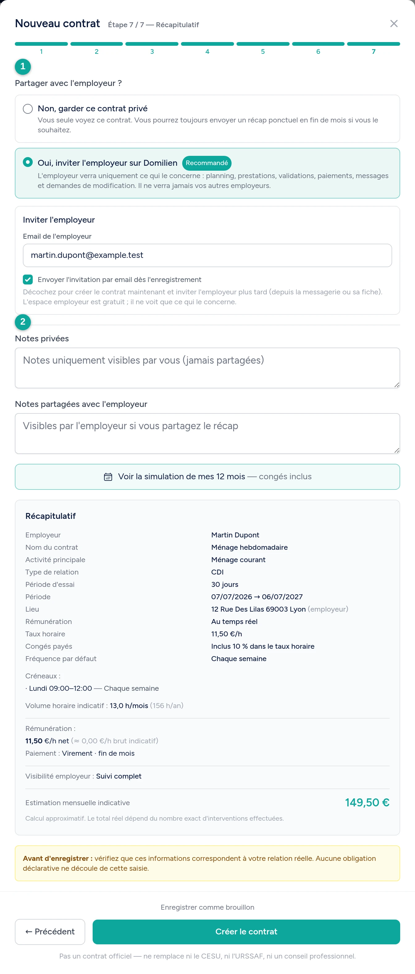 Étape 7 « Récapitulatif » : choix de partage avec l'employeur et champ de notes, numérotés 1 et 2.