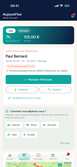 L'&eacute;cran &laquo; Aujourd'hui &raquo; de l'application CESU Domilien sur iPhone : la prochaine s&eacute;ance, le mode de d&eacute;placement et la validation