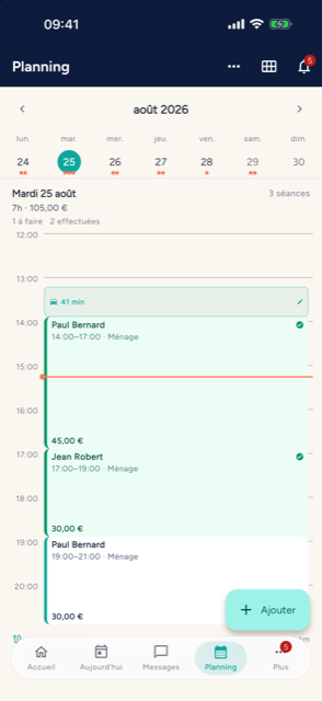 Le planning de l'application Domilien sur iPhone : chaque s&eacute;ance porte la couleur de son &eacute;tat