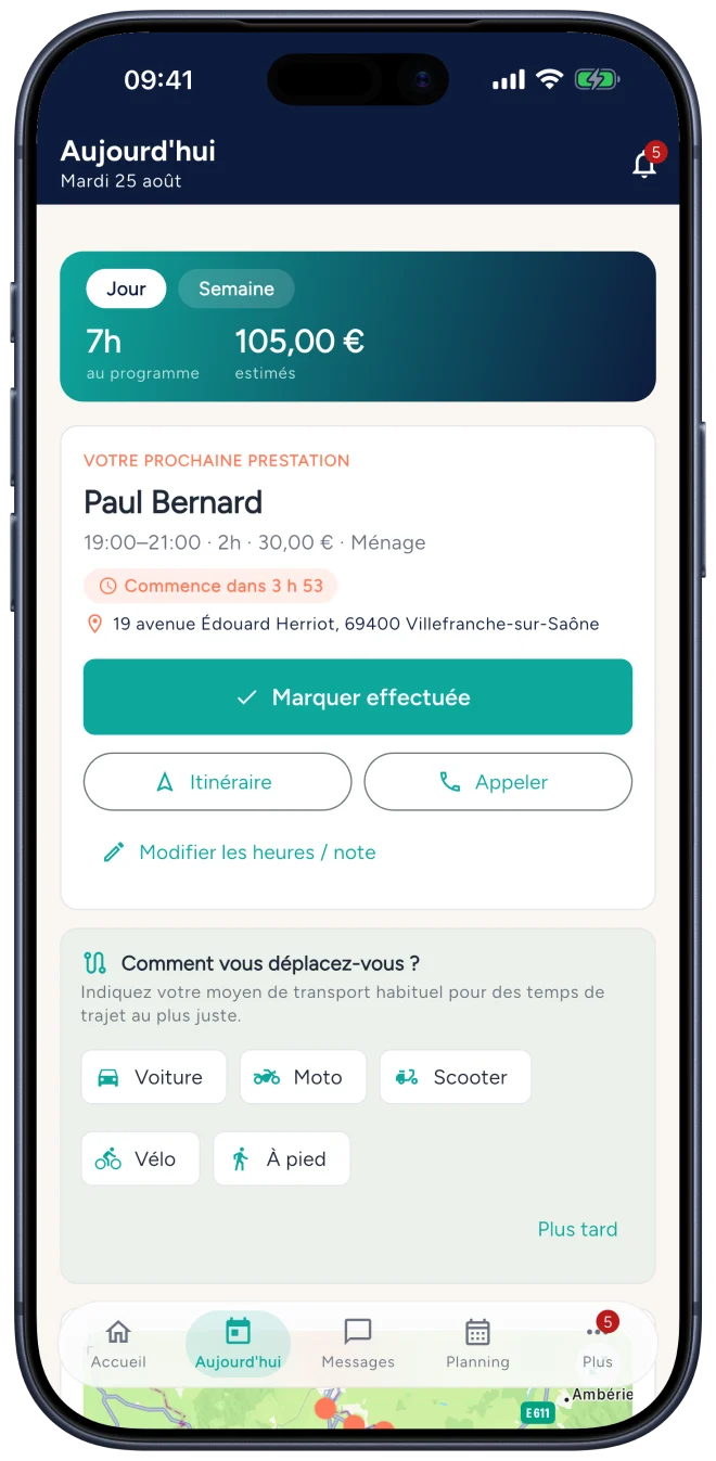 L'écran du jour dans l'application Domilien, côté salariée