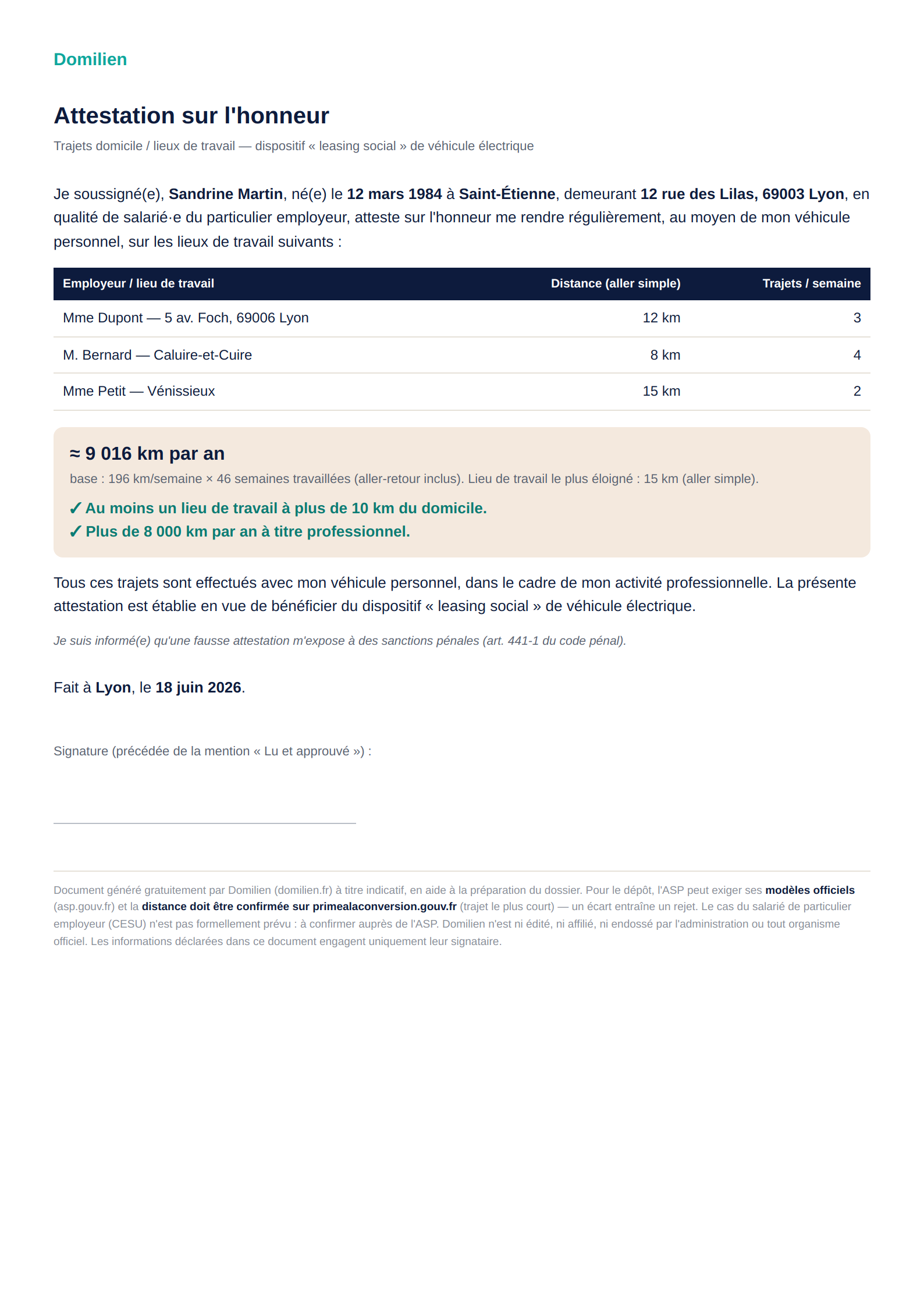 Aperçu de l'attestation PDF générée par l'outil