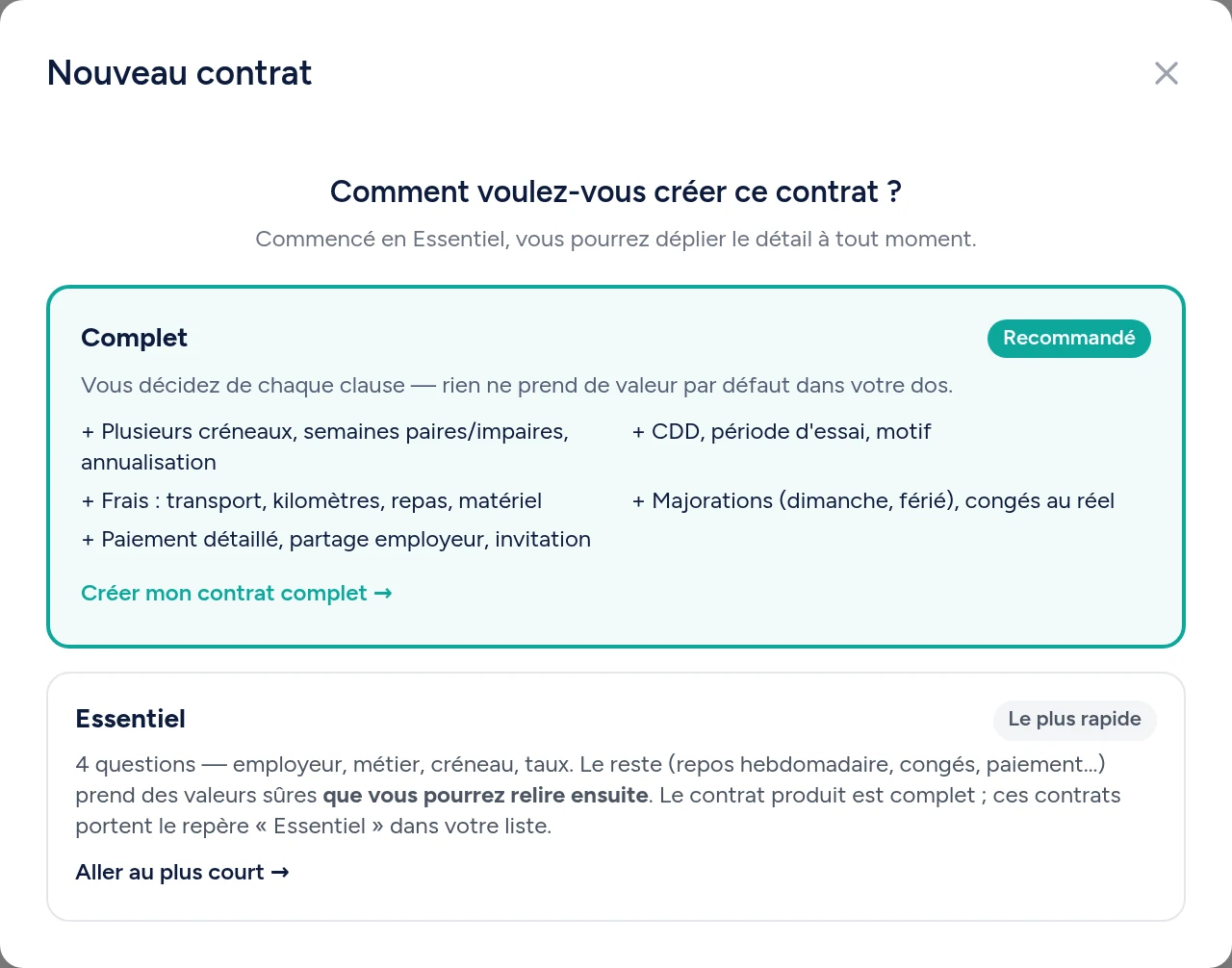 L'écran de choix entre le mode Complet et le mode Essentiel à la création d'un contrat