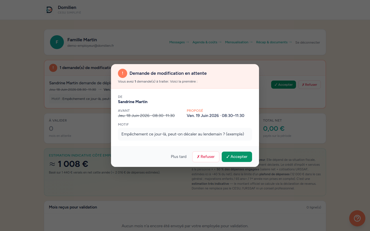 Domilien — Employeur : Tableau de bord