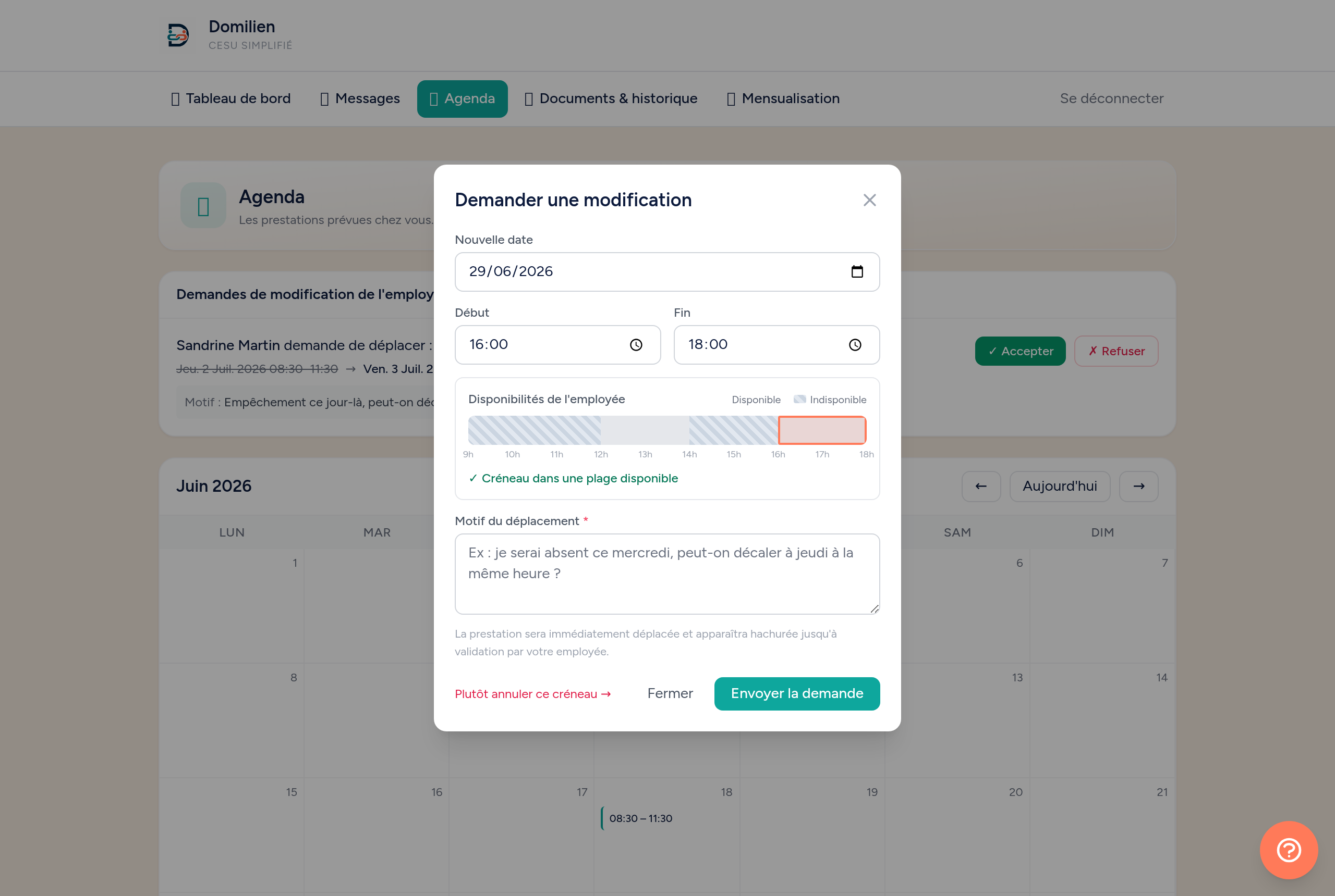 Domilien — Employeur : Déplacer un rendez-vous
