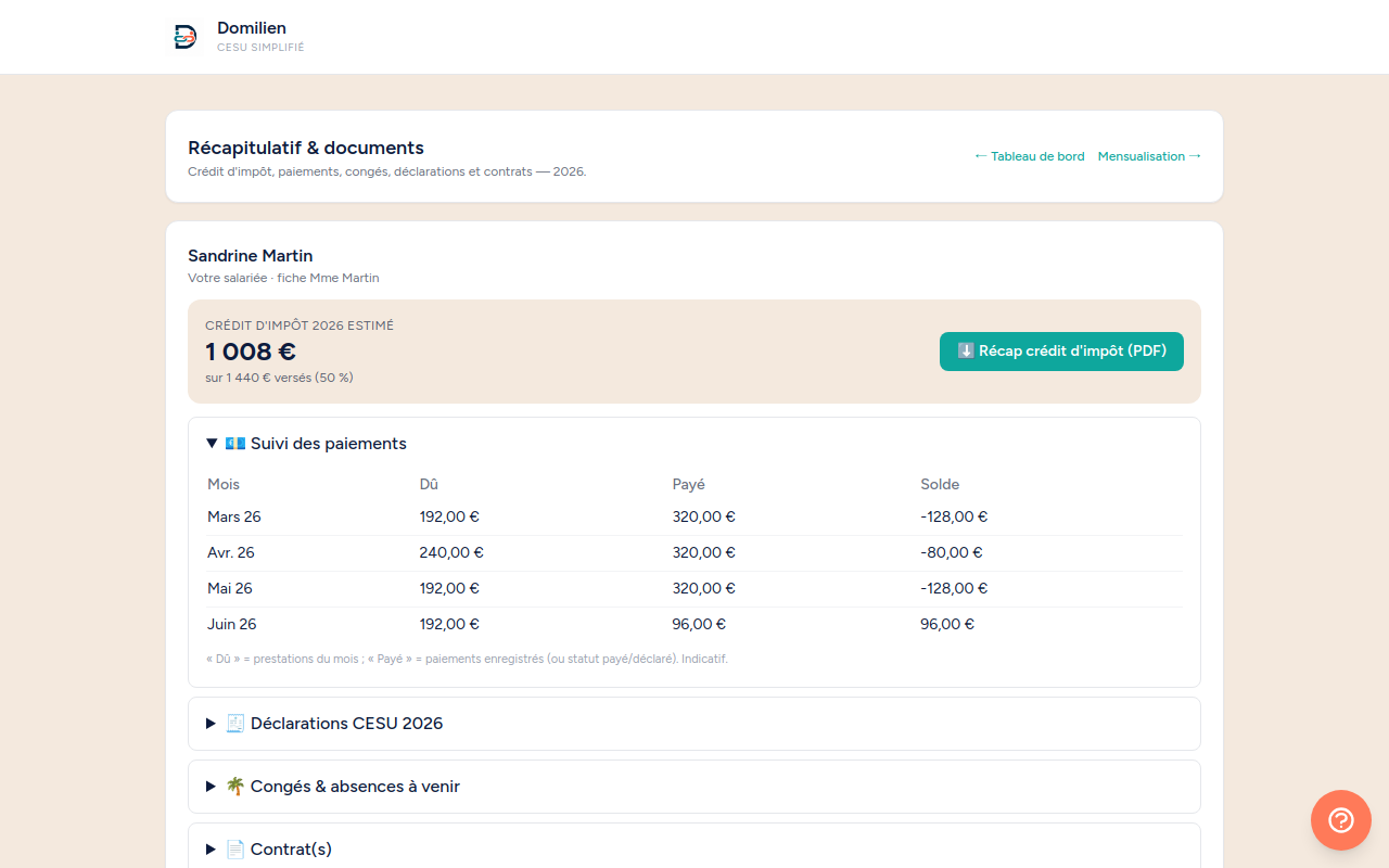 Domilien — Employeur : Récap & crédit d'impôt