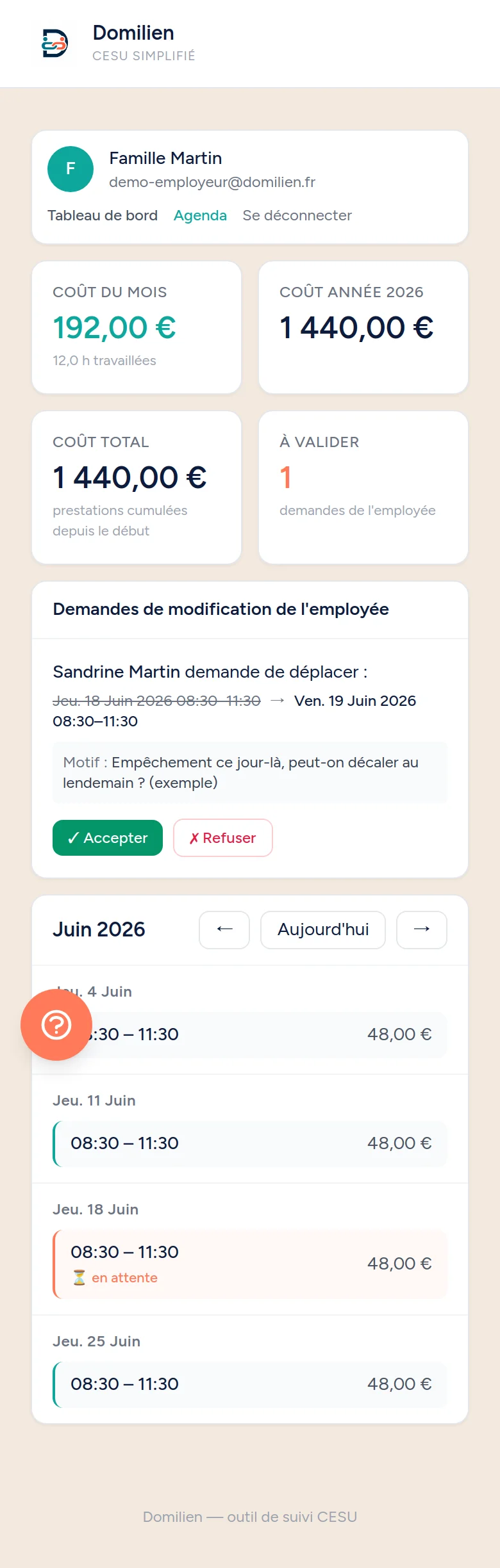 Espace employeur Domilien : agenda des prestations prévues chez vous
