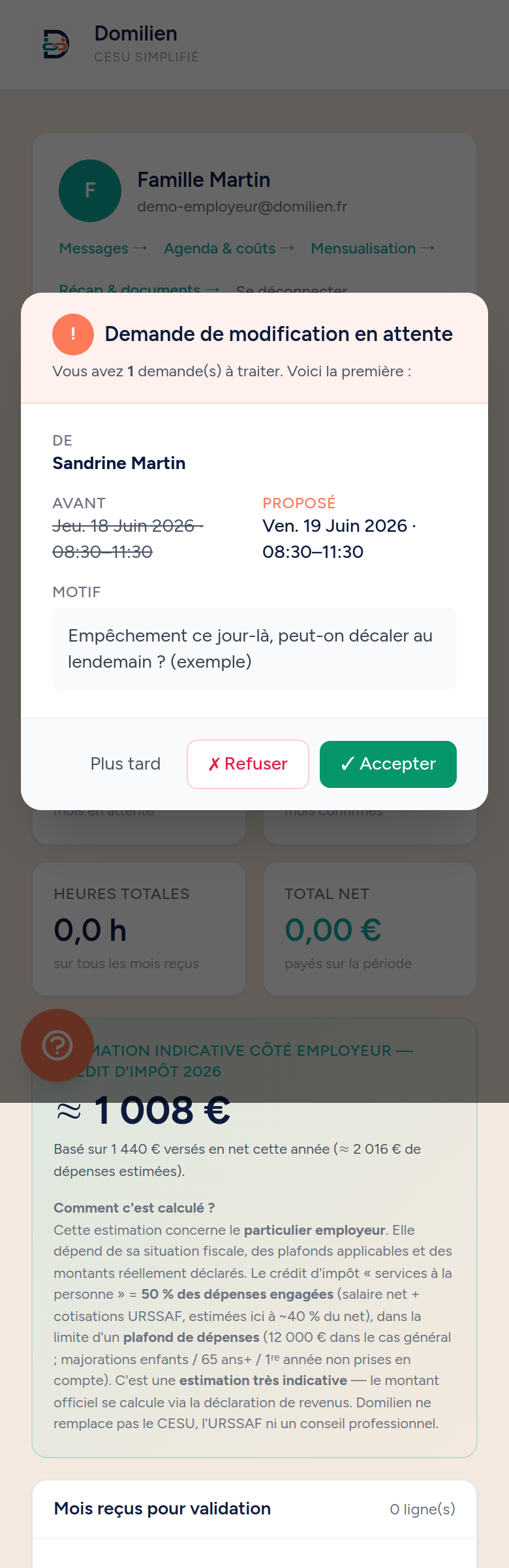 Domilien mobile — Employeur : Tableau de bord