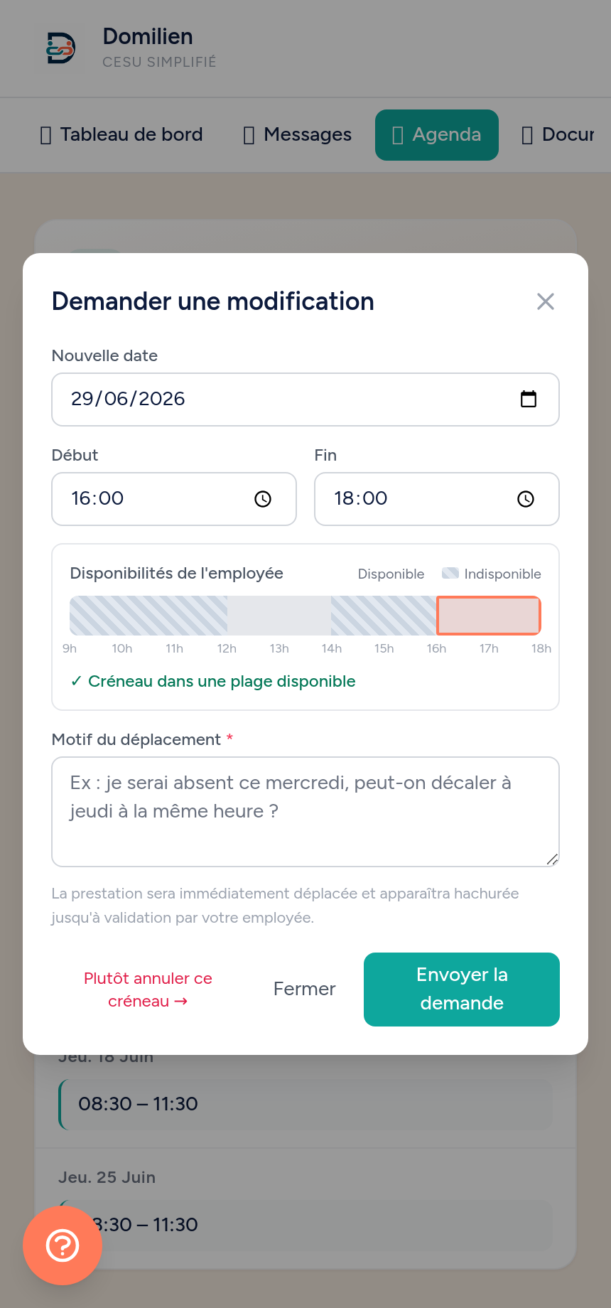 Domilien mobile — Employeur : Déplacer un rendez-vous