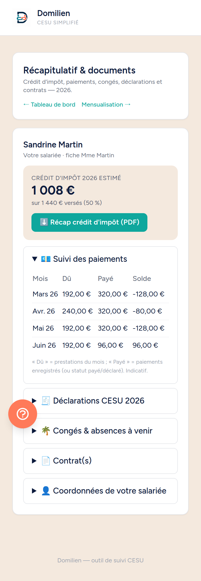 Domilien mobile — Employeur : Récap & crédit d'impôt
