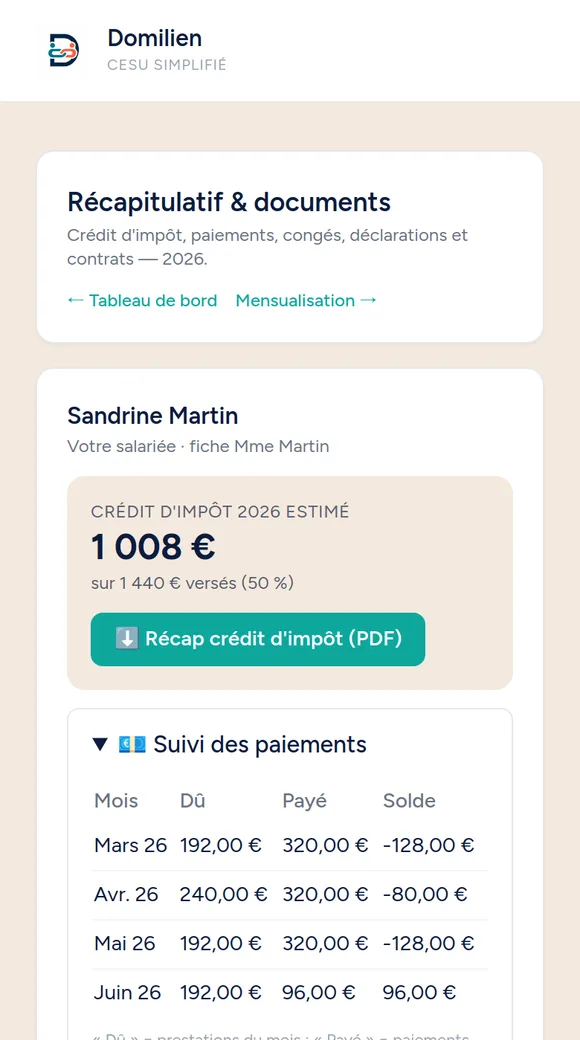 Espace employeur Domilien : récapitulatif du mois avec crédit d'impôt estimé
