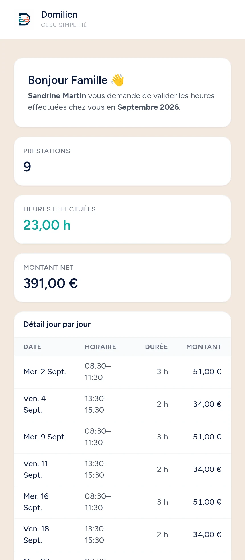 Validation d'un mois CESU par l'employeur via un lien sécurisé, sans créer de compte