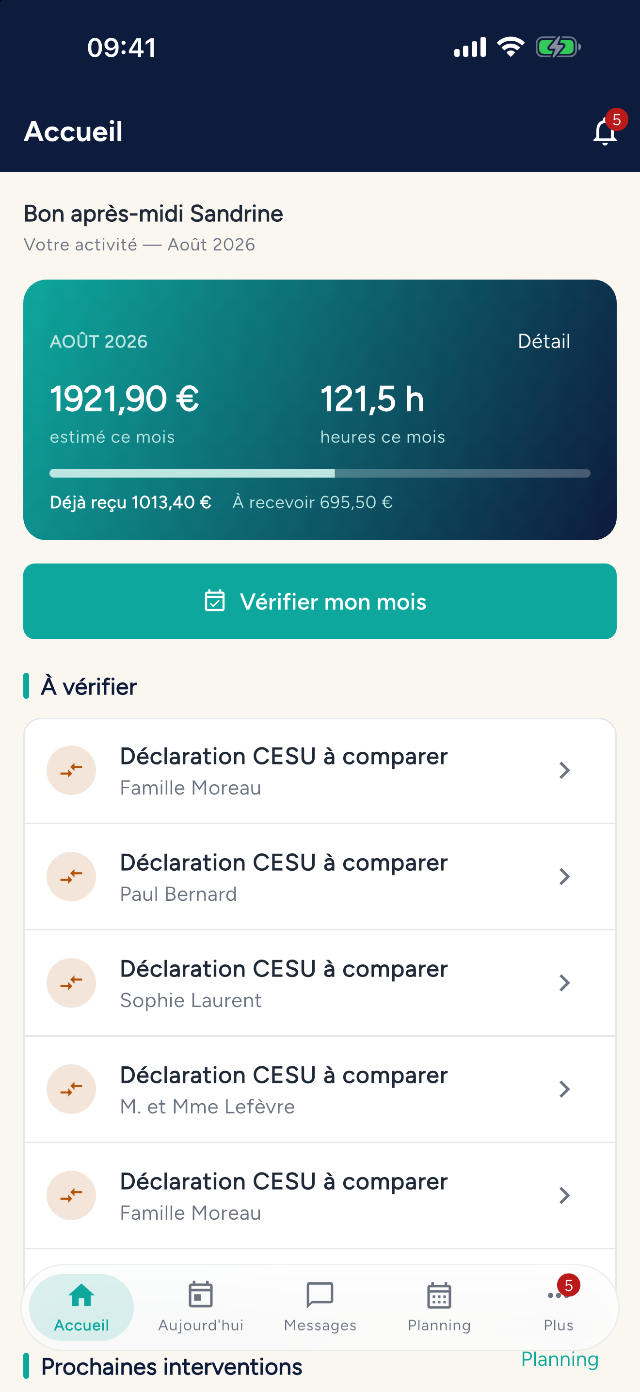 Application Domilien — Salariée : Tableau de bord