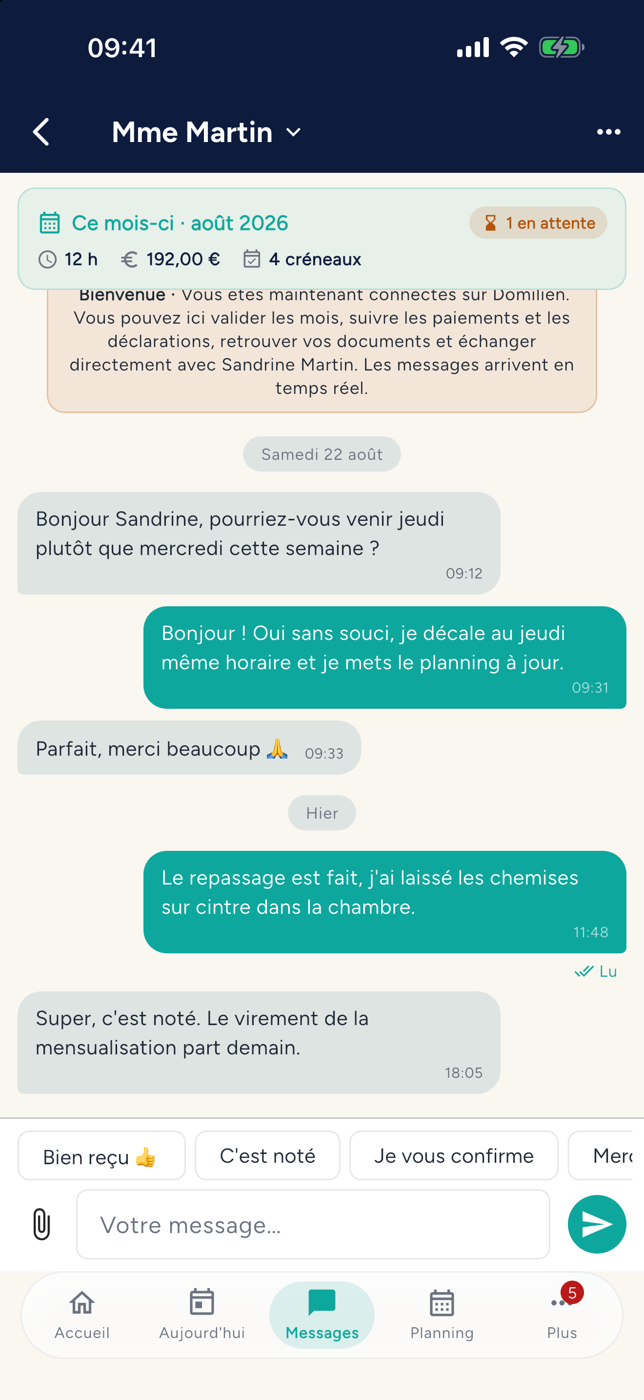 Application Domilien — Salariée : Messagerie