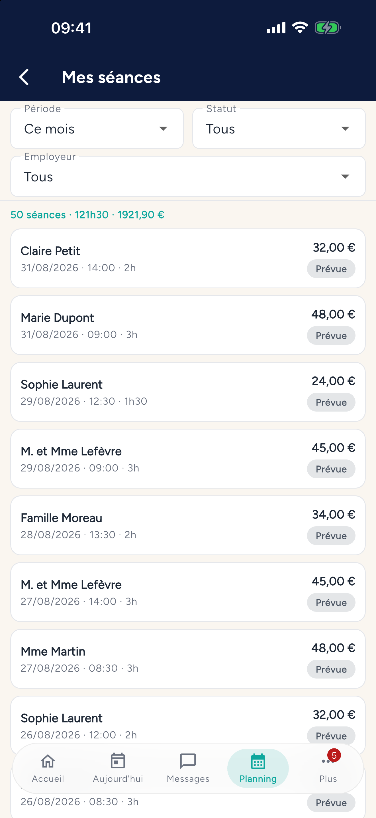 Application Domilien — Salariée : Prestations