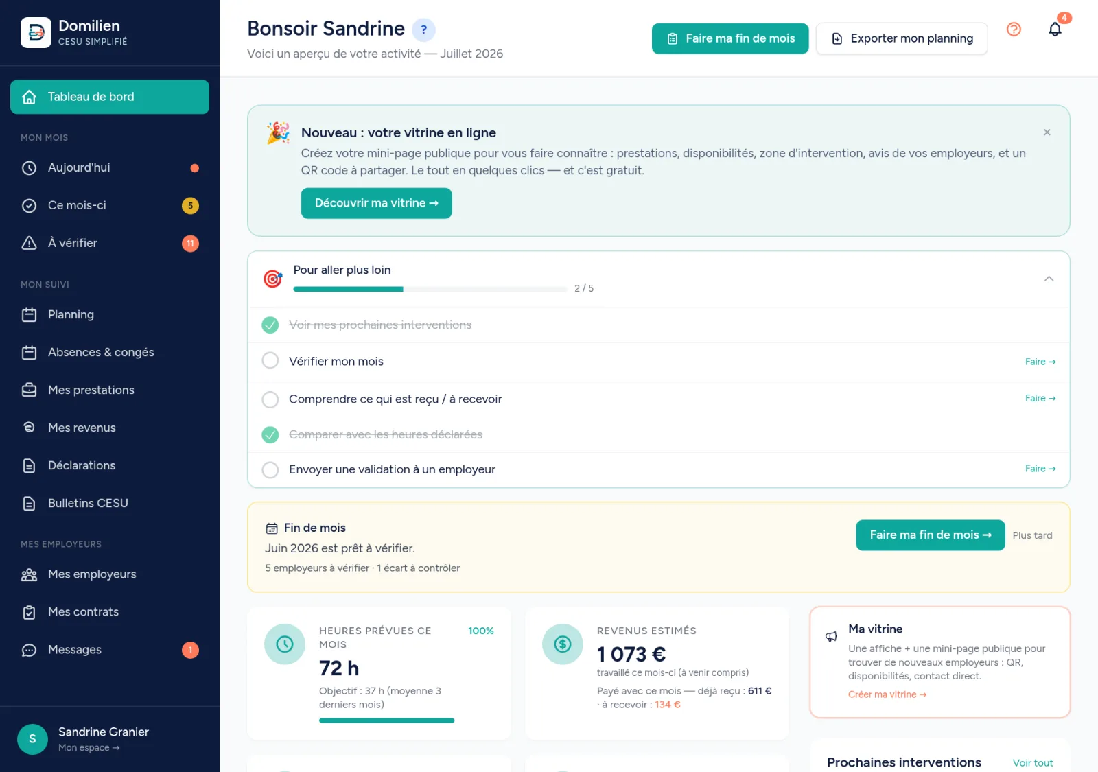 Domilien sur ordinateur — le tableau de bord d'une salariée