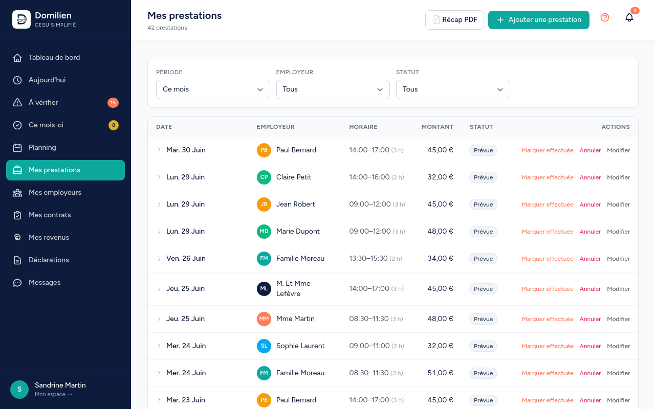 Domilien — Salariée : Prestations