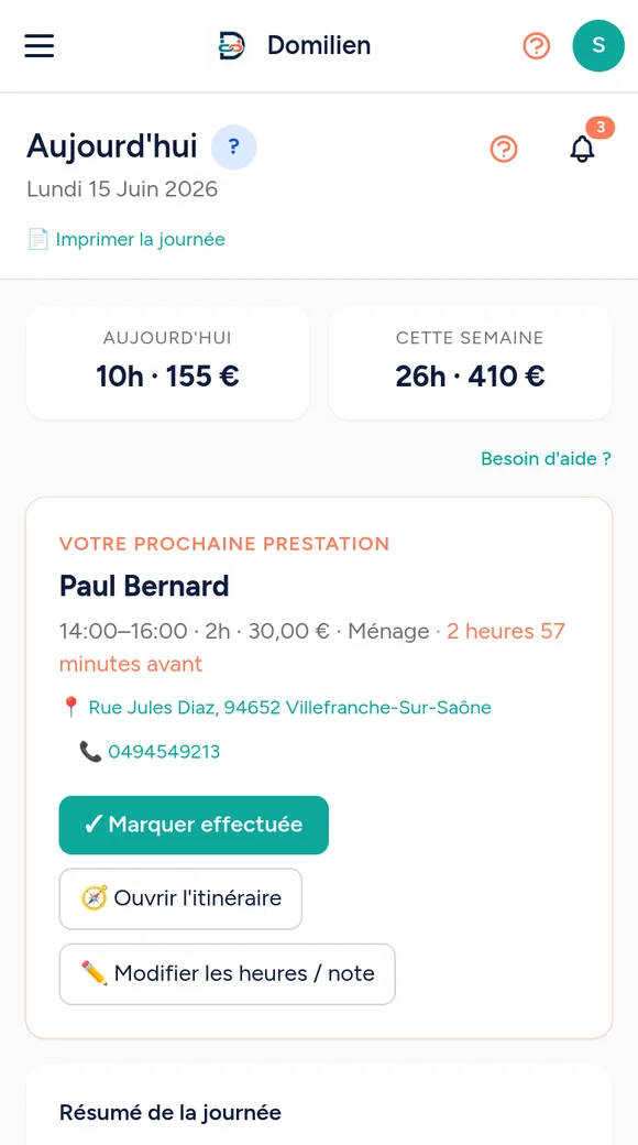 Domilien — Vos prestations du jour