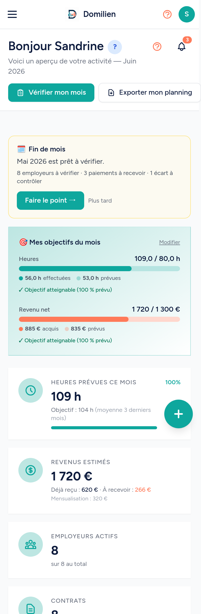 Domilien mobile — Salariée : Tableau de bord