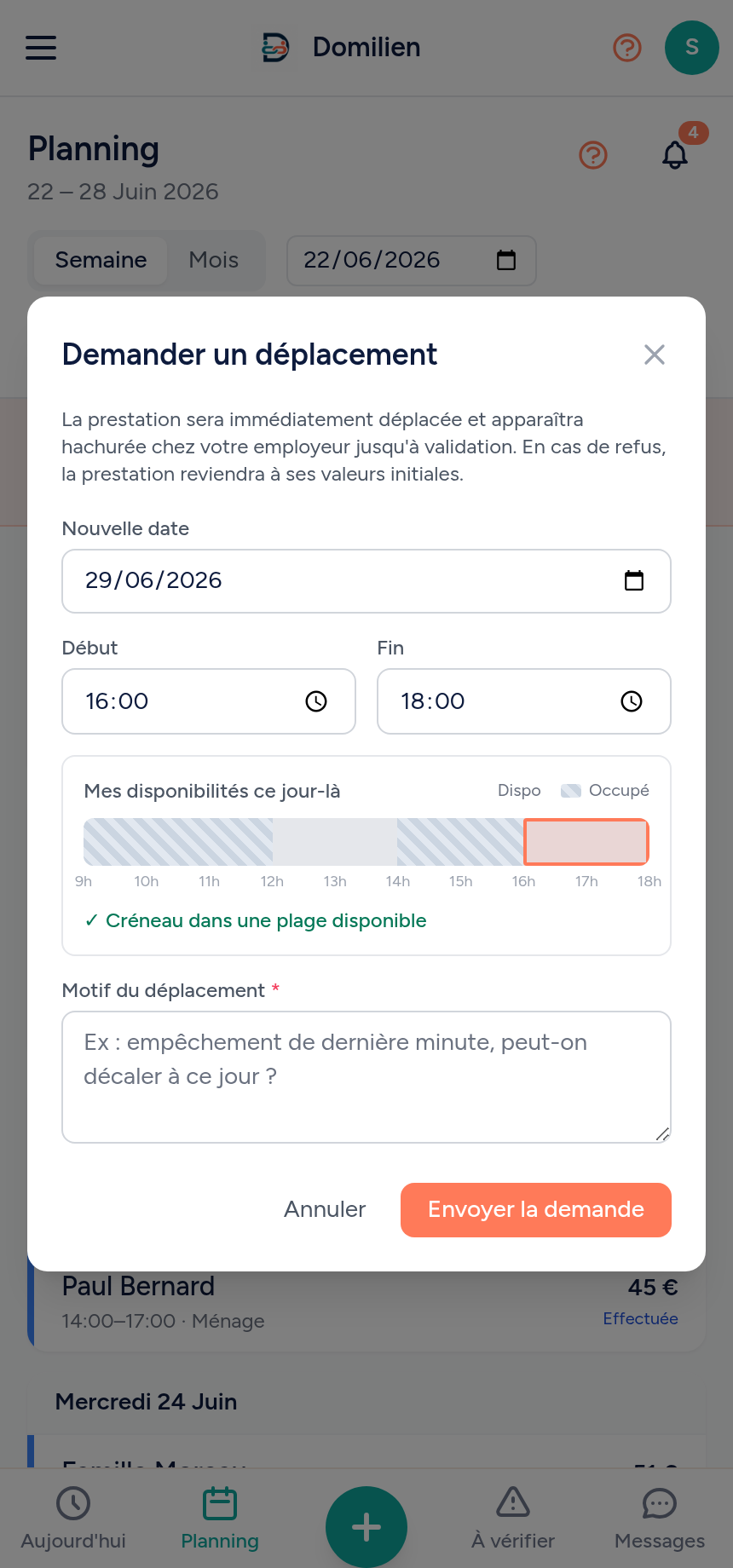Domilien mobile — Salariée : Déplacer un créneau