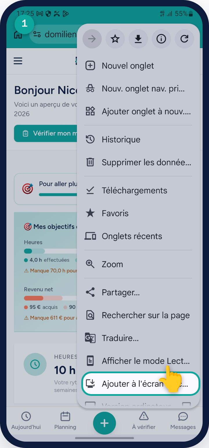 Android — étape 1 : Ouvrez domilien.fr dans Chrome, puis le menu ⋮