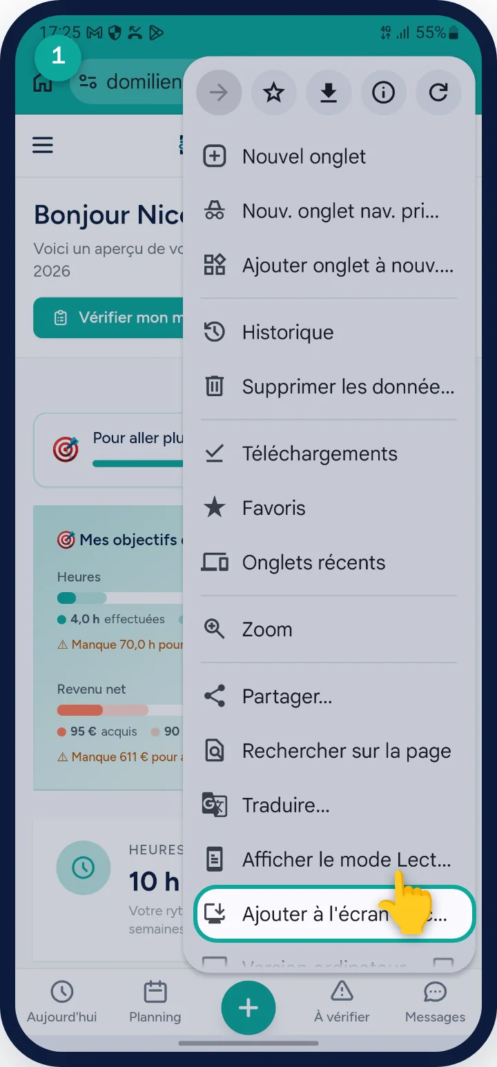 Android — étape 1 : Ouvrez domilien.fr dans Chrome, puis le menu ⋮