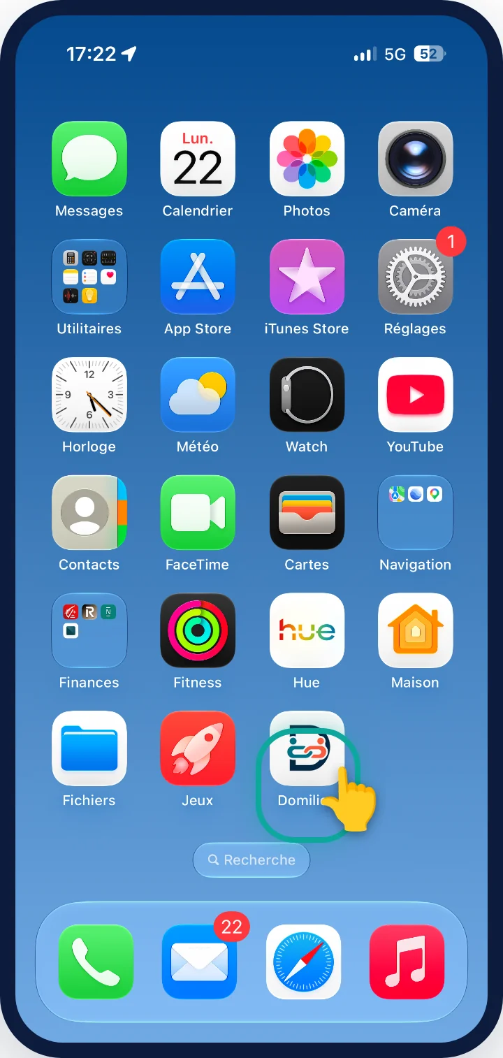 L'application Domilien installée sur l'écran d'accueil d'un iPhone