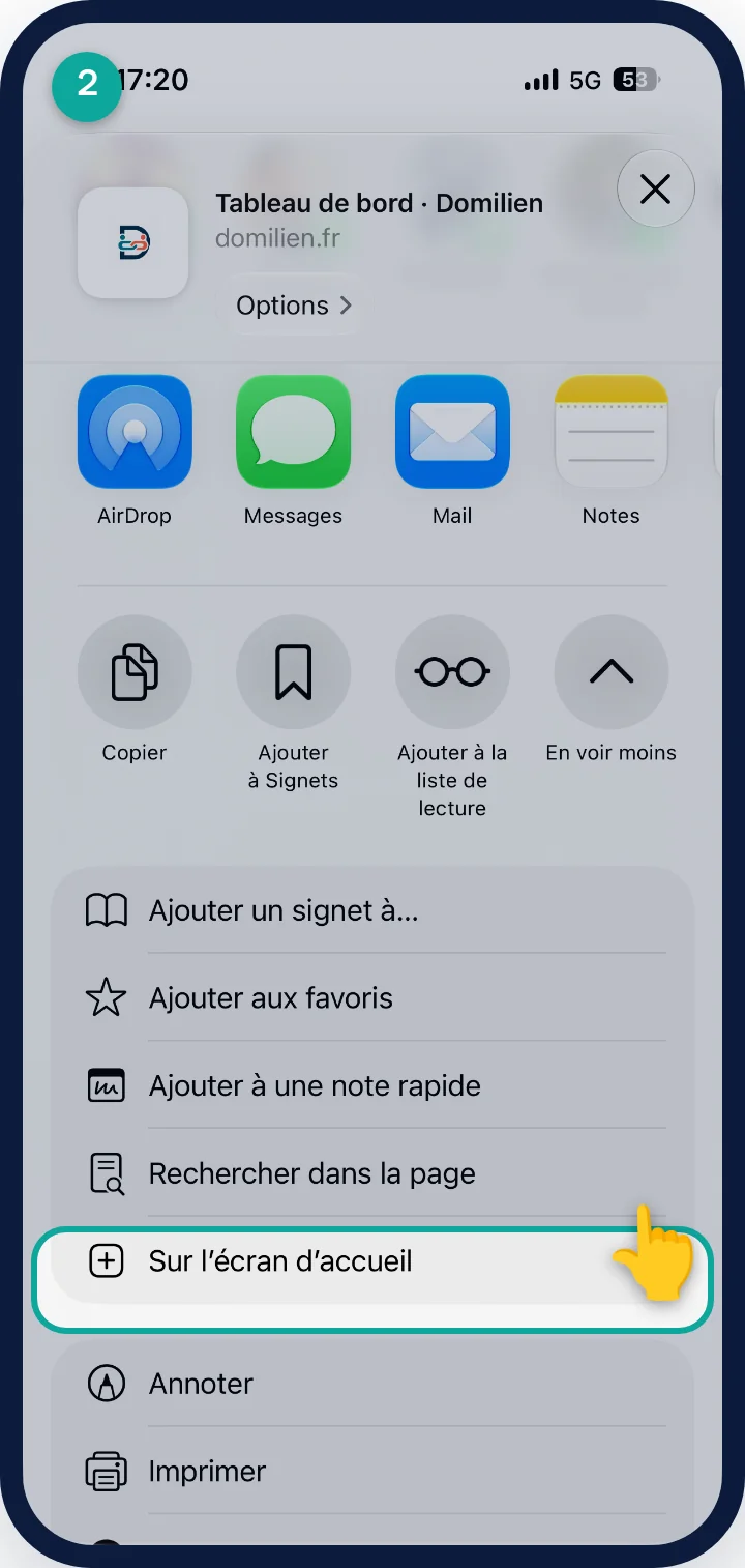 iPhone — étape 2 : Touchez « Sur l'écran d'accueil »