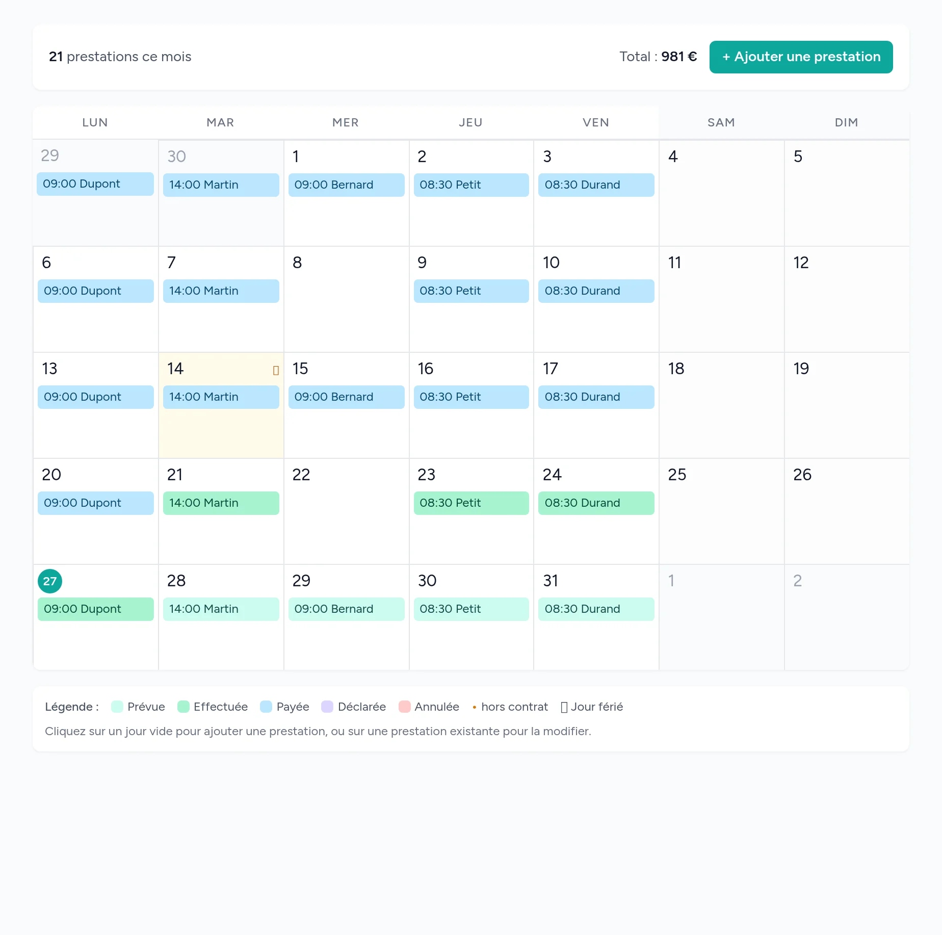 Vue mois du planning Domilien : toutes les interventions du mois, employeur par employeur, avec le total d'heures