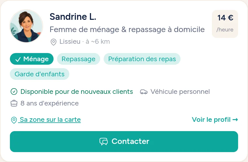 Une fiche dans la recherche Domilien : prestations, tarif horaire, distance, disponibilité et bouton Contacter