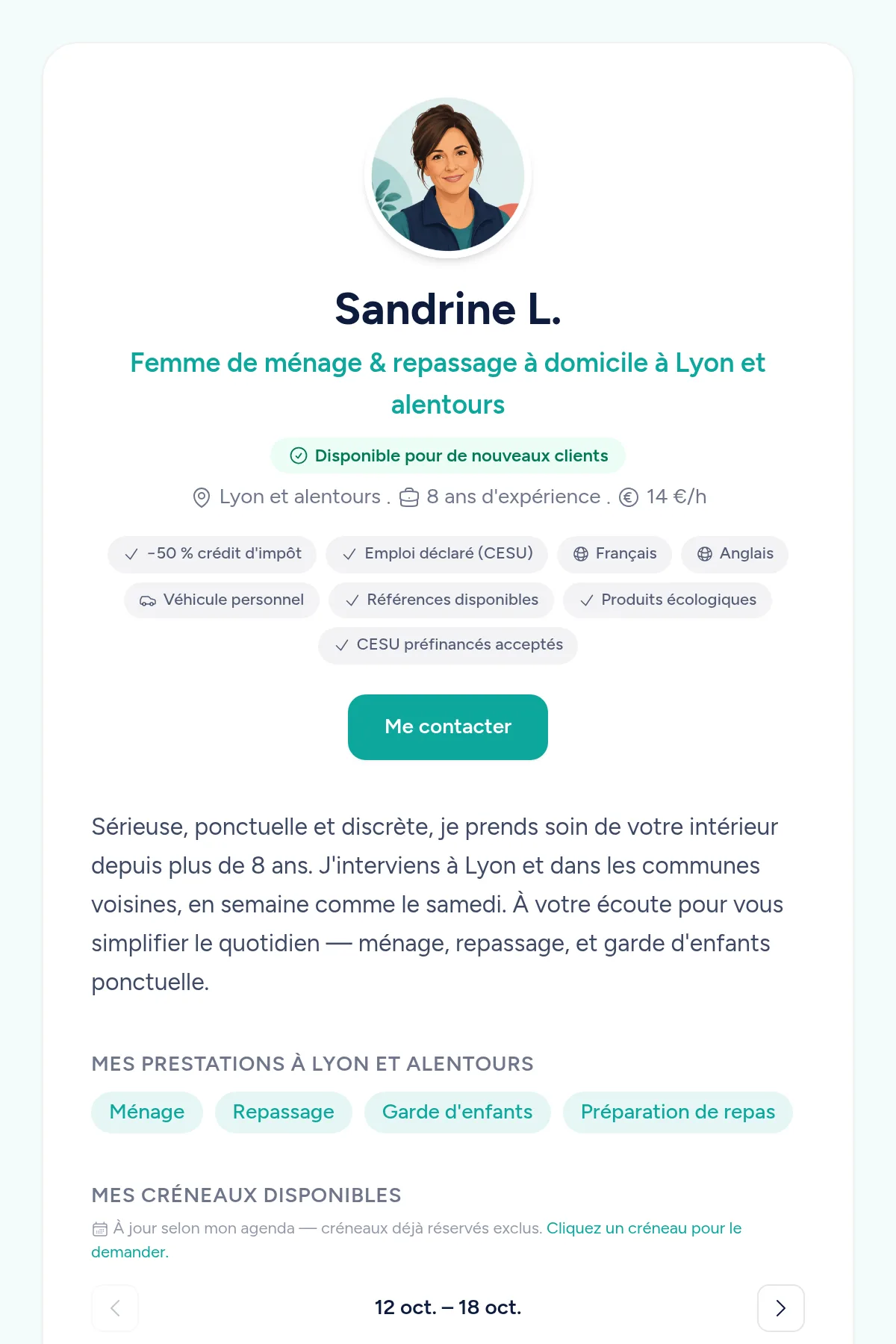 Exemple de vitrine en ligne d'une femme de ménage à Lyon sur Domilien